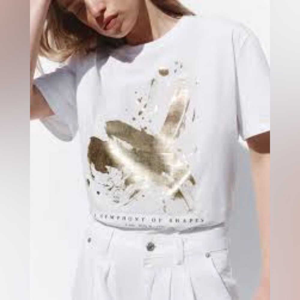 256-Zara Graphic T Shirt Gold Abstract A Symphony of Shapes Artsy Tee